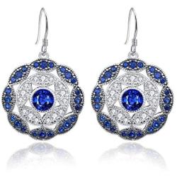 Merthus Antique Vintage Cluster Created Blue Sapphire Statement Hook Dangle Earrings 925 Sterling Silver