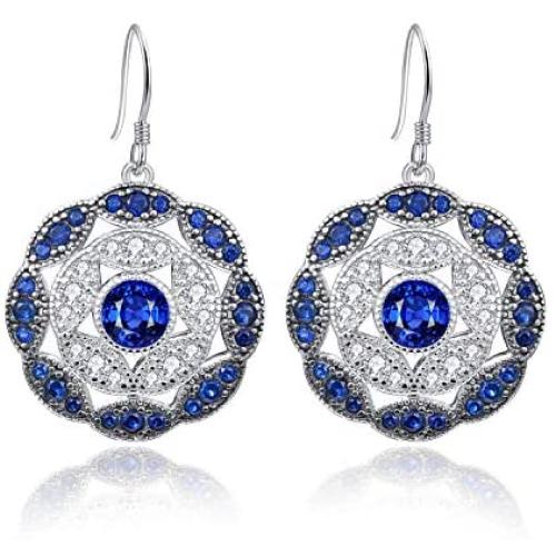 Merthus Antique Vintage Cluster Created Blue Sapphire Statement Hook Dangle Earrings 925 Sterling Silver
