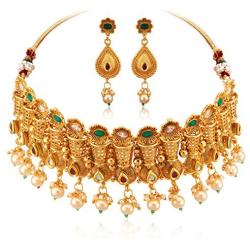 Aheli Elegant Gold Tone Crafted Ethnic Festive Wedding Party Wear Choker Necklace Jhumki Earrings Set for Indian Women Traditional Fashion Jewelry