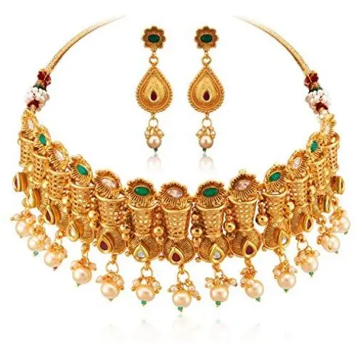 Aheli Elegant Gold Tone Crafted Ethnic Festive Wedding Party Wear Choker Necklace Jhumki Earrings Set for Indian Women Traditional Fashion Jewelry Aheli Elegant Gold Tone Crafted Ethnic Festive Wedding Party Wear Choker Necklace Jhumki Earrings Set for Indian Women Traditional Fashion Jewelry