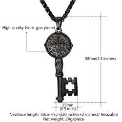 U7 Ward Off Evil Exorcism Jewelry Stainless Steel/Black / 18K Gold Plated Saint Benedict Medal Design Key Pendant Necklace