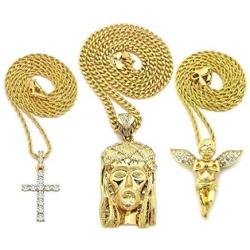 Shiny Jewelers USA Men Gold Iced Out Jesus, Praying Hands, Ankh, Cross, Angel Hip Hop Pendant Chain Necklace Set