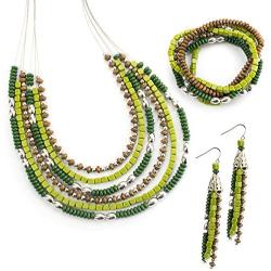 LookLove Womens Jewelry Shades of Green Bead Necklace (16'' with 3'' Extender) Earrings (3'') and Bracelet (6 Stretch Bracelets) Set