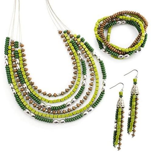 LookLove Womens Jewelry Shades of Green Bead Necklace (16'' with 3'' Extender) Earrings (3'') and Bracelet (6 Stretch Bracelets) Set