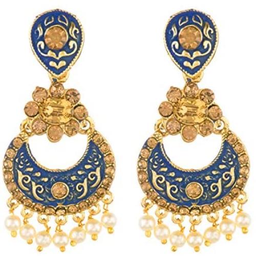 Ethnadore Indian Bollywood Antique Gold Plated Crystal Kundan Chandbali Earrings Set Jewelry