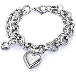 Womens Heart Pendant Bracelet With Double Gorgeous Chain Stainless Steel Silver Drop White Hot Punk Sexy Hiphop Jewelry Girls