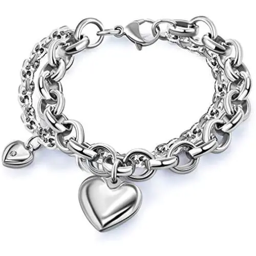 Womens Heart Pendant Bracelet With Double Gorgeous Chain Stainless Steel Silver Drop White Hot Punk Sexy Hiphop Jewelry Girls Womens Heart Pendant Bracelet With Double Gorgeous Chain Stainless Steel Silver Drop White Hot Punk Sexy Hiphop Jewelry Girls