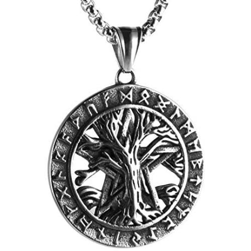 HZMAN Norse Vikings Runes Amulet Pendant Necklace The Tree Of Life Pentagram Runes Pendant Necklace Nordic Talisman