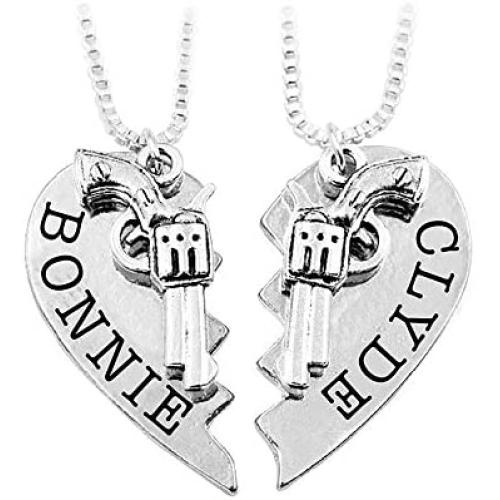 Meiligo Womens Mens Alloy Hip-hop Bonnie Clyde Letter Machine Gun Necklace Key Chain Hand Gun Revolver Pistol Pendant Matching Heart Jewelry