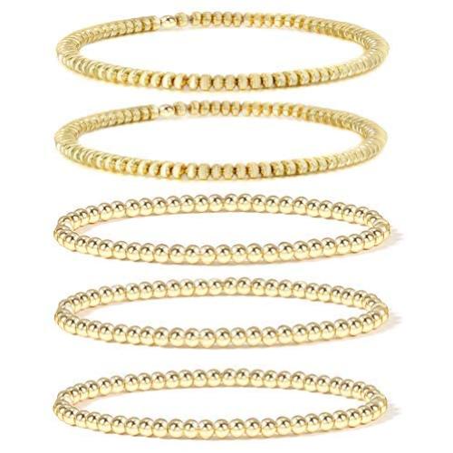 14K Gold Beaded Bracelets for Women,Dainty Gold Plated Chain Link Bracelet Stretchable Adjustable Bracelet……