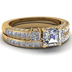 Couple Ring Bridal Set His and Hers Women 10k Yellow Gold Filled Square CZ Men Stainless Steel Band Wedding Ring Band Set