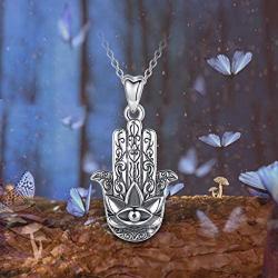 Sterling Silver Hamsa Necklace for Women AEONSLOVE Vintage Hamsa Hand of Fatima Evil Eye Necklace Pendant Good Luck Success Amulet Lotus Charm Jewelry Gifts for Womens Girls Wife