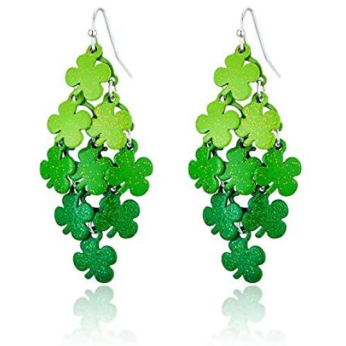 RareLove Silver Plated Multi Green Shamrock Chandelier Piercing Dangle Earrings Alloy St Patricks Day Gift For Women Girls