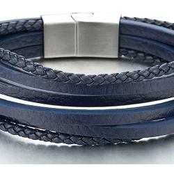 COOLSTEELANDBEYOND Mens Womens Multi-Strand Navy Blue Braided Leather Bracelet Wristband with Steel Magnetic Clasp