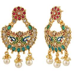 Efulgenz Indian Bollywood 14K Gold Plated Traditional Wedding Crystal Pearl Tassel Chandelier Chandbali Earrings Jewelry Set