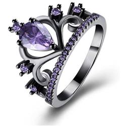 WANGYUSHENG Womens Black Gold Plated Purple Amethyst Cubic Zirconia CZ Princess Crown Tiara Ring Wedding Band