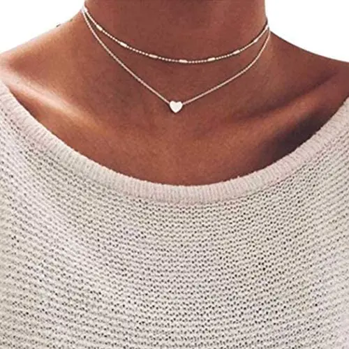 Kakaco Heart Layered Choker Necklaces Beaded Necklace Pendants Silver Chain Jewelry for Women and Girls