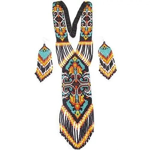 Handmade Long Necklace with Earrings Set Native American Seed beaded Style S58 8