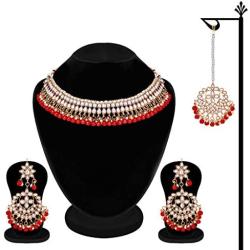 Aheli Faux Kundan Beaded Necklace Earrings Maang Tikka Indian Bollywood Ethnic Jewelry Set for Women