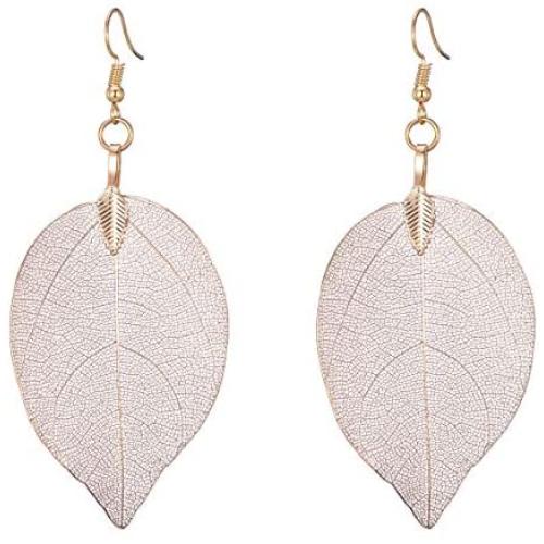 UMTNOR Natural Real Leaf Earrings Filigree Unique Evergreen Dipped Genuine Leaf Drop Dangle Gold Silver Rose Gold Earrings for Women Girls Jewelry Gifts