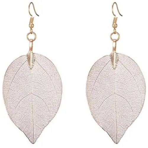 UMTNOR Natural Real Leaf Earrings Filigree Unique Evergreen Dipped Genuine Leaf Drop Dangle Gold Silver Rose Gold Earrings for Women Girls Jewelry Gifts