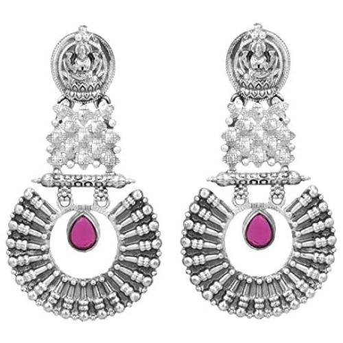 Aheli Boho Oxidized Indian Laxmi Goddess Dangle Earrings with Faux Stone Studded Ethnic Fashion Jewelry for Women