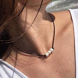 Shegirl Pearl Choker Necklace Handmade Genuine Leather Necklace Boho Pearl Necklace Jewelry for Women and Girls (Three pearls)