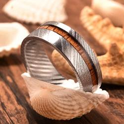 DOUX Mens Wedding Ring Blue Opal/Wood/Antler Inlay Real Damascus Steel Engagement Band Flat Style