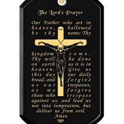 Lords Prayer Crucifix Cross Necklace for Men Onyx Dog Tag Pendant 24k Gold Inscribed Scripture, 20'' Chain