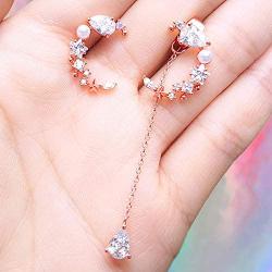 WingBling Crescent Moon Stars Goddess Luna 14K Rose Gold Plated Necklace White Gold plated (Rhodium) Silver Dainty Swarovski Crystal Pearl Cubic Zirconia drop dangle Earring Jewelry Gift for Women