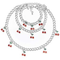 Nanafast Cherry Choker Necklace Bracelet and Anklet Set for Women,Charm Cute Rhinestone Cherry Pendant,Thick Necklace Jewellery Set for Girls