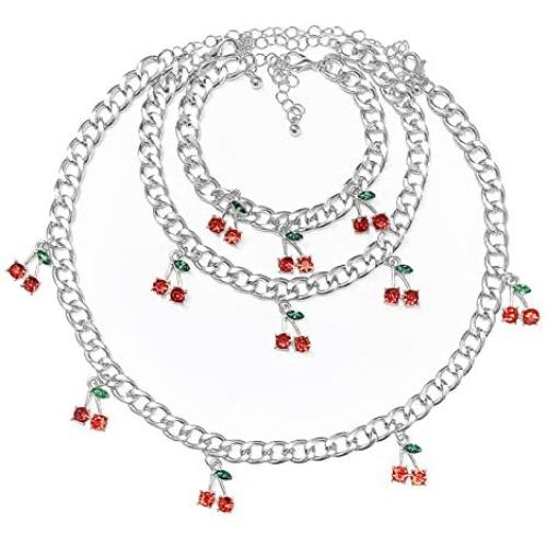 Nanafast Cherry Choker Necklace Bracelet and Anklet Set for Women,Charm Cute Rhinestone Cherry Pendant,Thick Necklace Jewellery Set for Girls