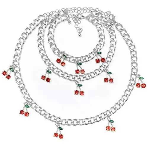 Nanafast Cherry Choker Necklace Bracelet and Anklet Set for Women,Charm Cute Rhinestone Cherry Pendant,Thick Necklace Jewellery Set for Girls