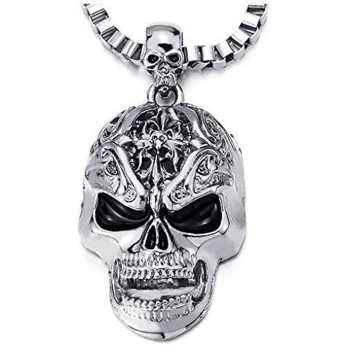 COOLSTEELANDBEYOND Gothic Punk Mens Large Skull Pendant Necklace Polished with 22.4 inches Box Chain