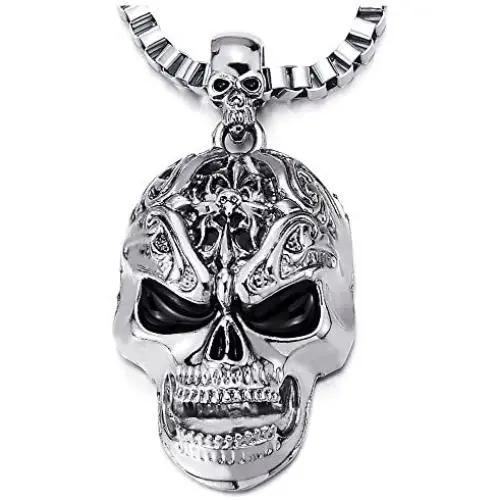 COOLSTEELANDBEYOND Gothic Punk Mens Large Skull Pendant Necklace Polished with 22.4 inches Box Chain COOLSTEELANDBEYOND Gothic Punk Mens Large Skull Pendant Necklace Polished with 22.4 inches Box Chain