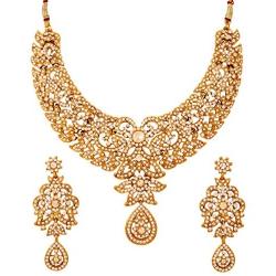 Touchstone Hollywood Glamour Pretty Filigree Rhinestone Studded Diamond Look Designer Bridal Jewelry hasli Necklace Set for Women in Antique Gold Tone