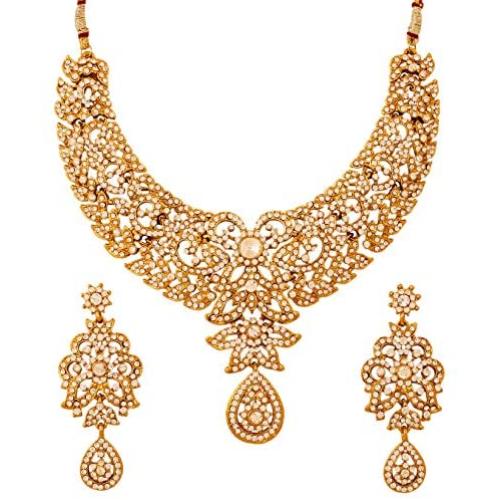 Touchstone Hollywood Glamour Pretty Filigree Rhinestone Studded Diamond Look Designer Bridal Jewelry hasli Necklace Set for Women in Antique Gold Tone