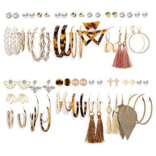 36 Pairs Fashion Tassel Earrings Set for Women Girls Bohemian Hoop Stud Drop Dangle Earrings Leather Leaf Earrings for Birthday/Party/Christmas/Friendship Gifts