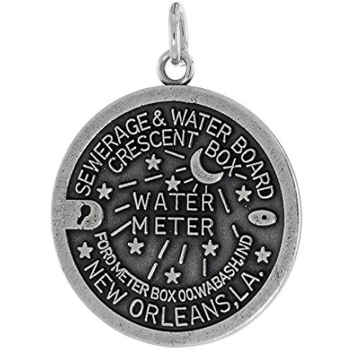 Sterling Silver New Orleans Water Meter Manhole Cover Necklace Antiqued Finish 1 inch Tall, 16-30 inch Chain