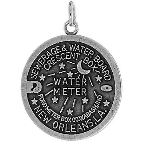 Sterling Silver New Orleans Water Meter Manhole Cover Necklace Antiqued Finish 1 inch Tall, 16-30 inch Chain Sterling Silver New Orleans Water Meter Manhole Cover Necklace Antiqued Finish 1 inch Tall, 16-30 inch Chain