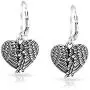 Puff Heart Shaped Guardian Angel Wings Feather Leverback Dangle Earrings For Women Oxidized 925 Sterling Silver