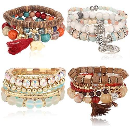 ORAZIO Bohemian Stackable Beaded Bracelets for Women Multilayer Stretch Strand Charm Bracelet Set