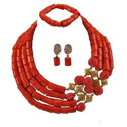 laanc Highly Necklace Jewelry Sets Natural Coral 4 Rows Orange-Gold Nigerian Women African Beads A-039D