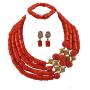 laanc Highly Necklace Jewelry Sets Natural Coral 4 Rows Orange-Gold Nigerian Women African Beads A-039D