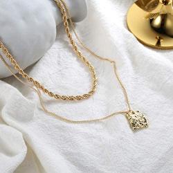FAMARINE Gold Plated Choker Multi Layered Necklace for Women, Hammered Geometry Pendant Thick Chain Necklace for Women Teen Girls Fashion Jewelry Gift……