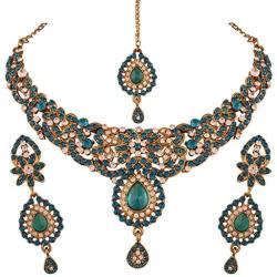 I Jewels Traditional Gold Plated Elegantly Handcrafted Stone Jewellery Set with Maang Tikka for Women M4031Sb (Turquoise/Bluish Green)