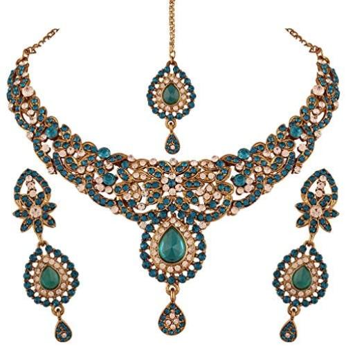 I Jewels Traditional Gold Plated Elegantly Handcrafted Stone Jewellery Set with Maang Tikka for Women M4031Sb (Turquoise/Bluish Green)