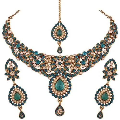 I Jewels Traditional Gold Plated Elegantly Handcrafted Stone Jewellery Set with Maang Tikka for Women M4031Sb (Turquoise/Bluish Green)