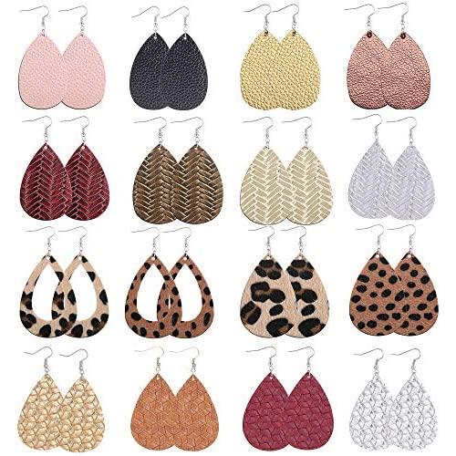 Sunssy 16-20 Pairs Leather Earring for Women Teardrop Leopard Print Leather Dangle Earring Lightweight