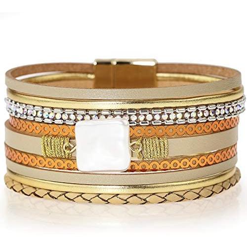 Suyi Leather Wrap Bracelet Multilayer Boho Cuff Bracelet with Magnetic Clasp Handmade Jewelry Gift for Women Her